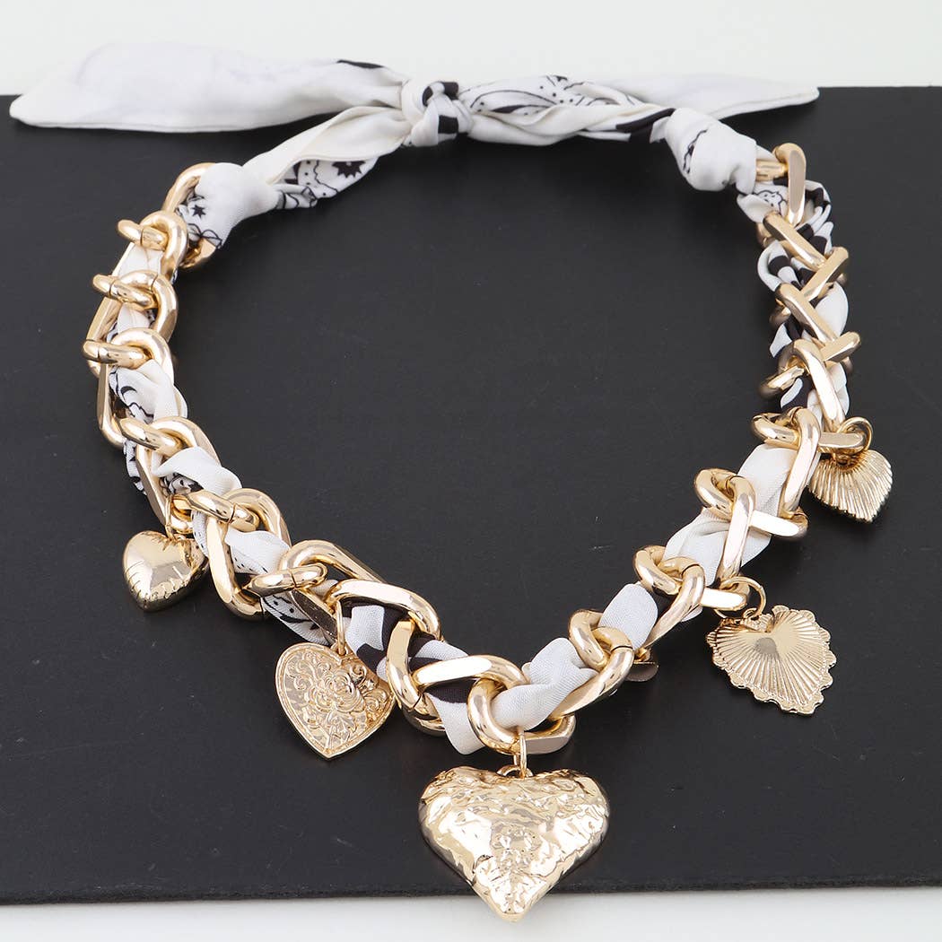 Heart Charms Braided Scarf Necklace