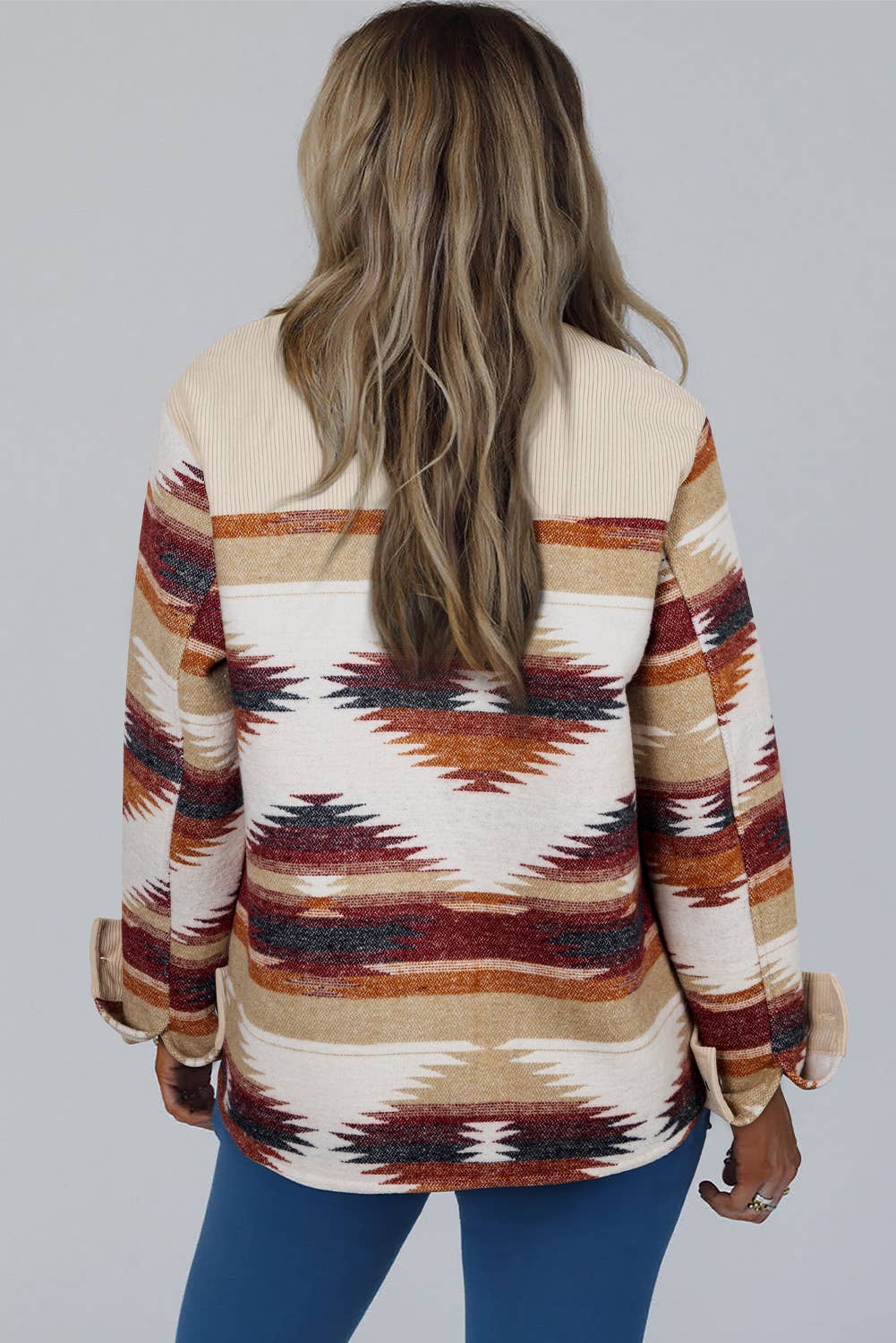 Western Aztec Striped Patchwork Raw Hem Shacket (S-XL)
