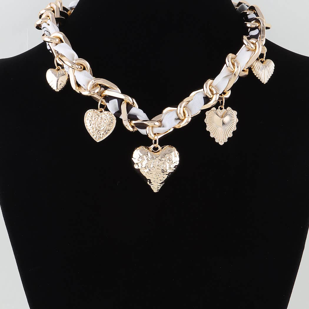 Heart Charms Braided Scarf Necklace