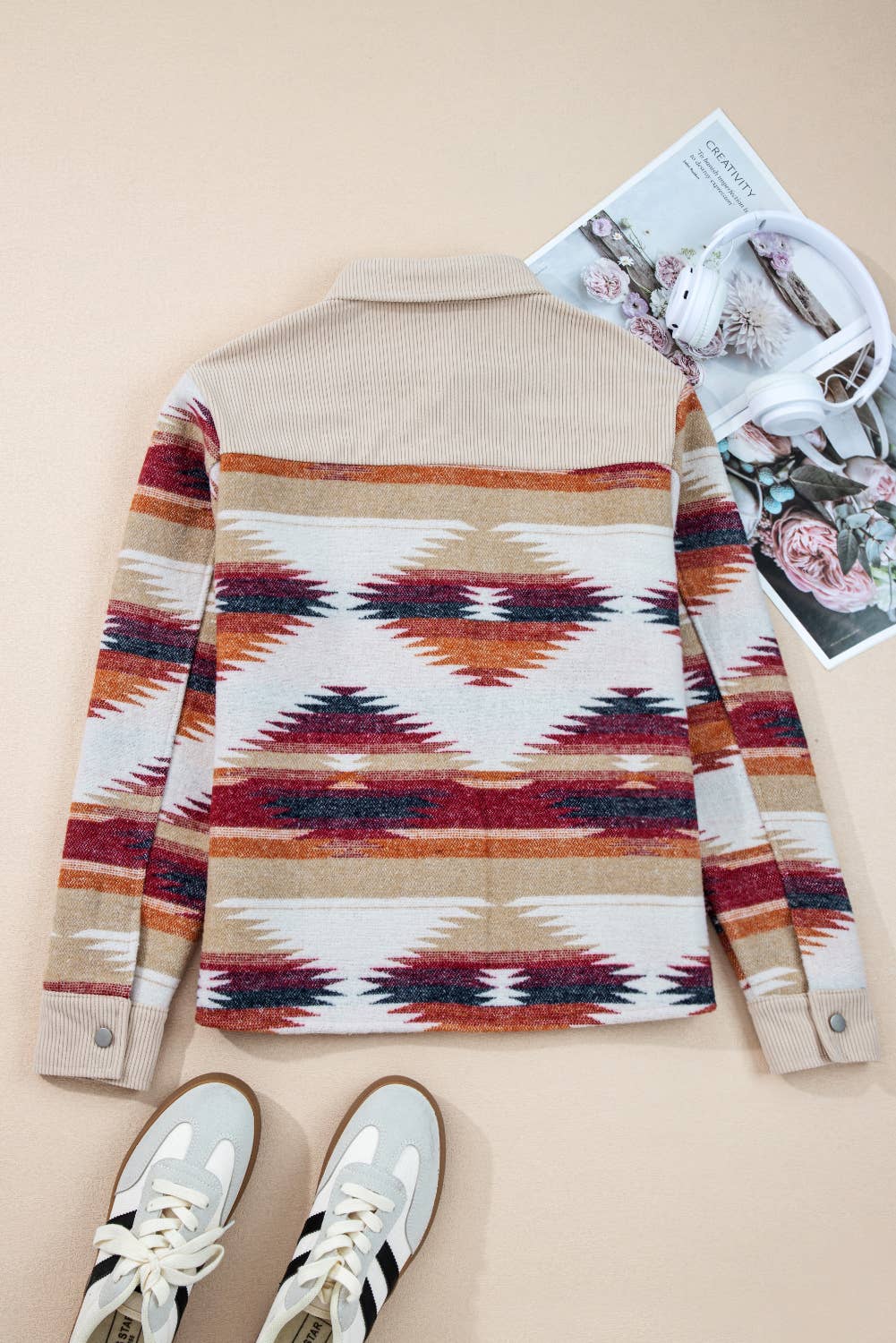 Western Aztec Striped Patchwork Raw Hem Shacket (S-XL)