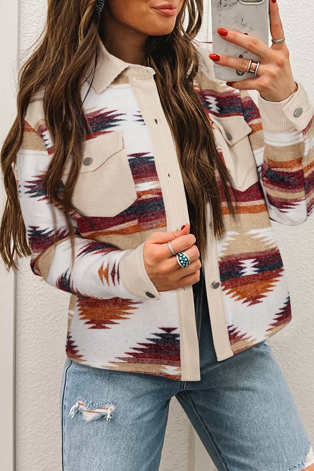 Western Aztec Striped Patchwork Raw Hem Shacket (S-XL)