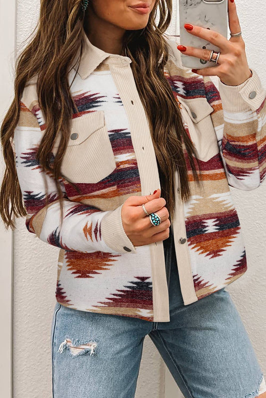 Western Aztec Striped Patchwork Raw Hem Shacket (S-XL)