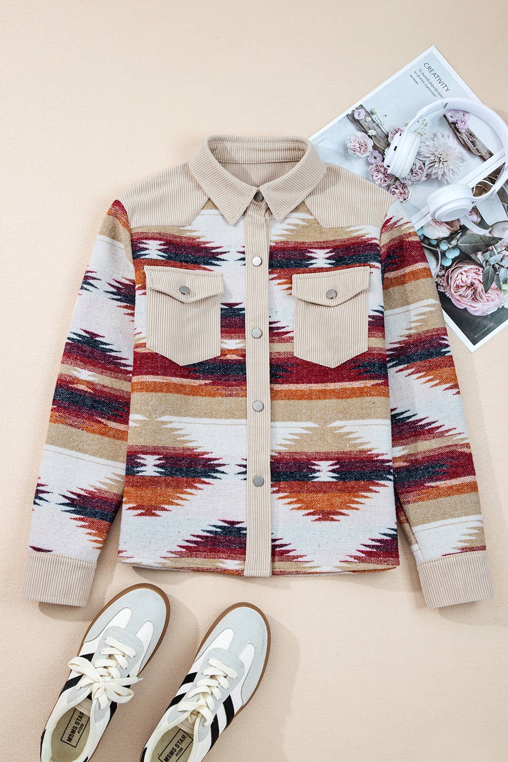 Western Aztec Striped Patchwork Raw Hem Shacket (S-XL)